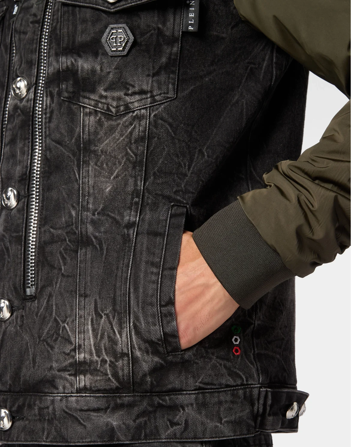 Denim Zipped Jacket With Nylon Sleeves Camouflage, цвет: Серый