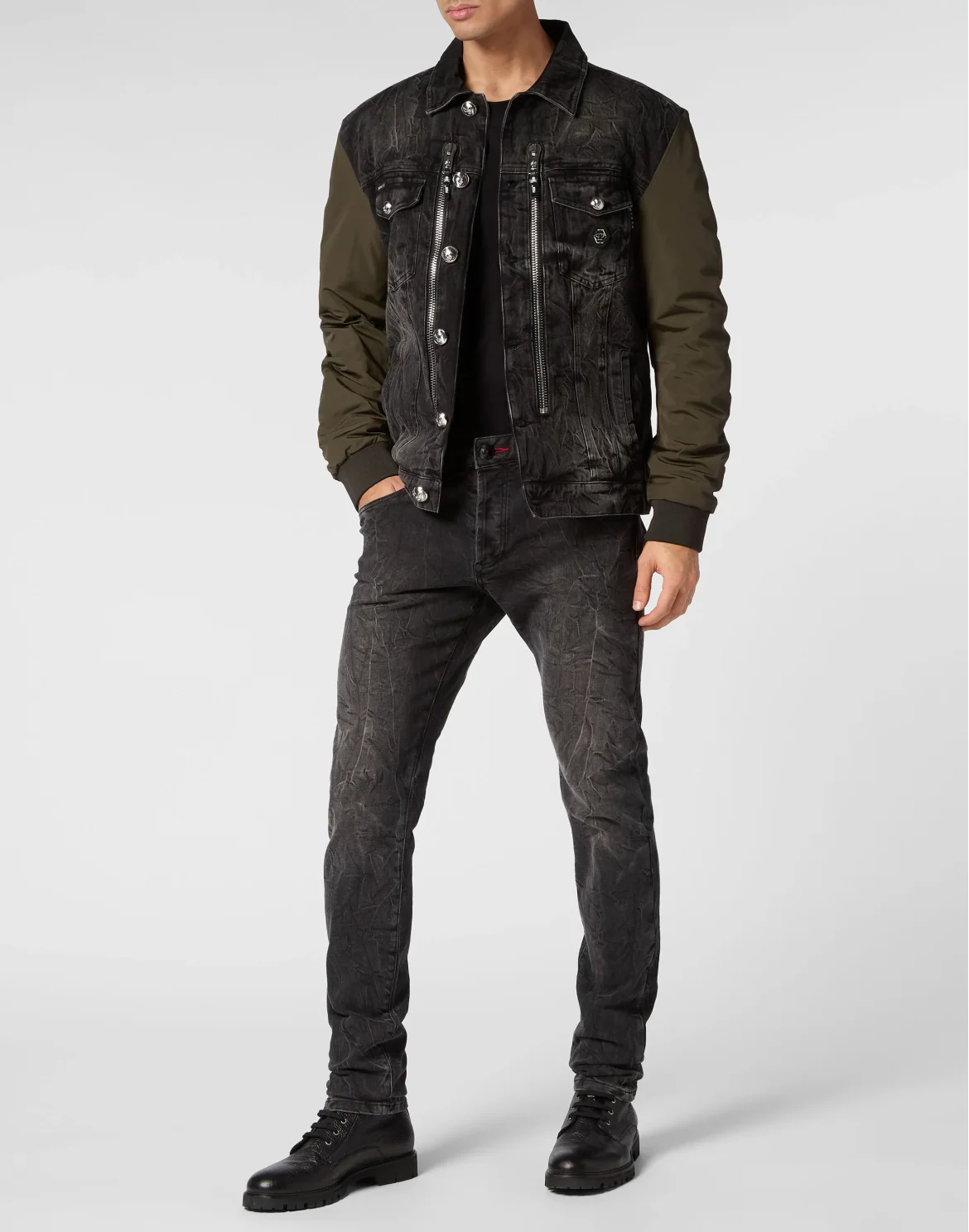 Denim Zipped Jacket With Nylon Sleeves Camouflage, цвет: Серый