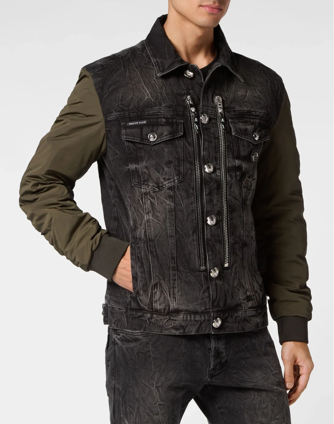 Denim Zipped Jacket With Nylon Sleeves Camouflage, цвет: Серый