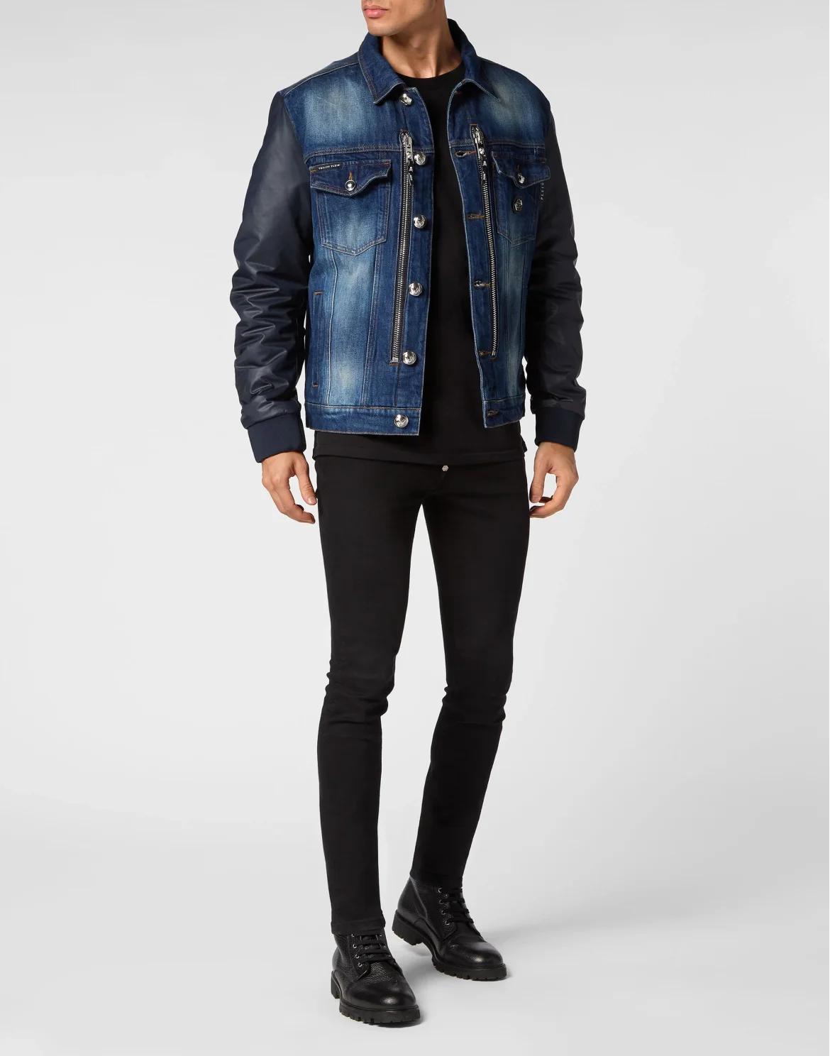 Denim Zipped Jacket With Nylon Sleeves Camouflage, цвет: Синий