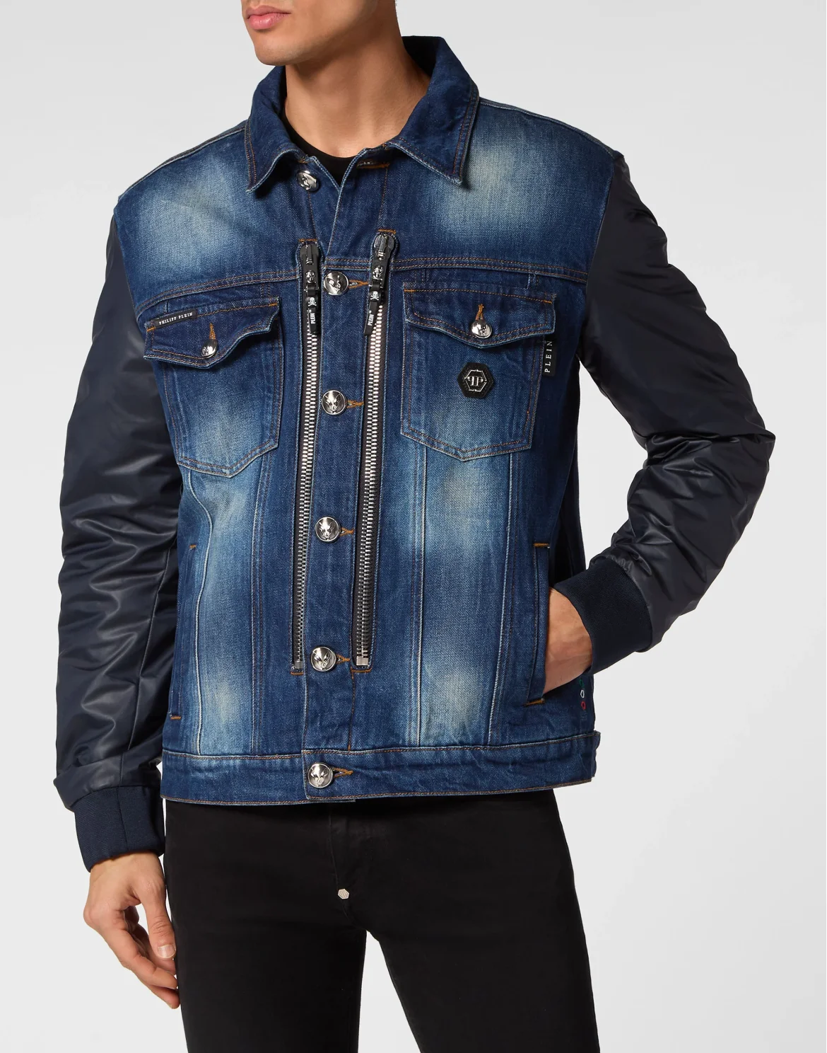 Denim Zipped Jacket With Nylon Sleeves Camouflage, цвет: Синий