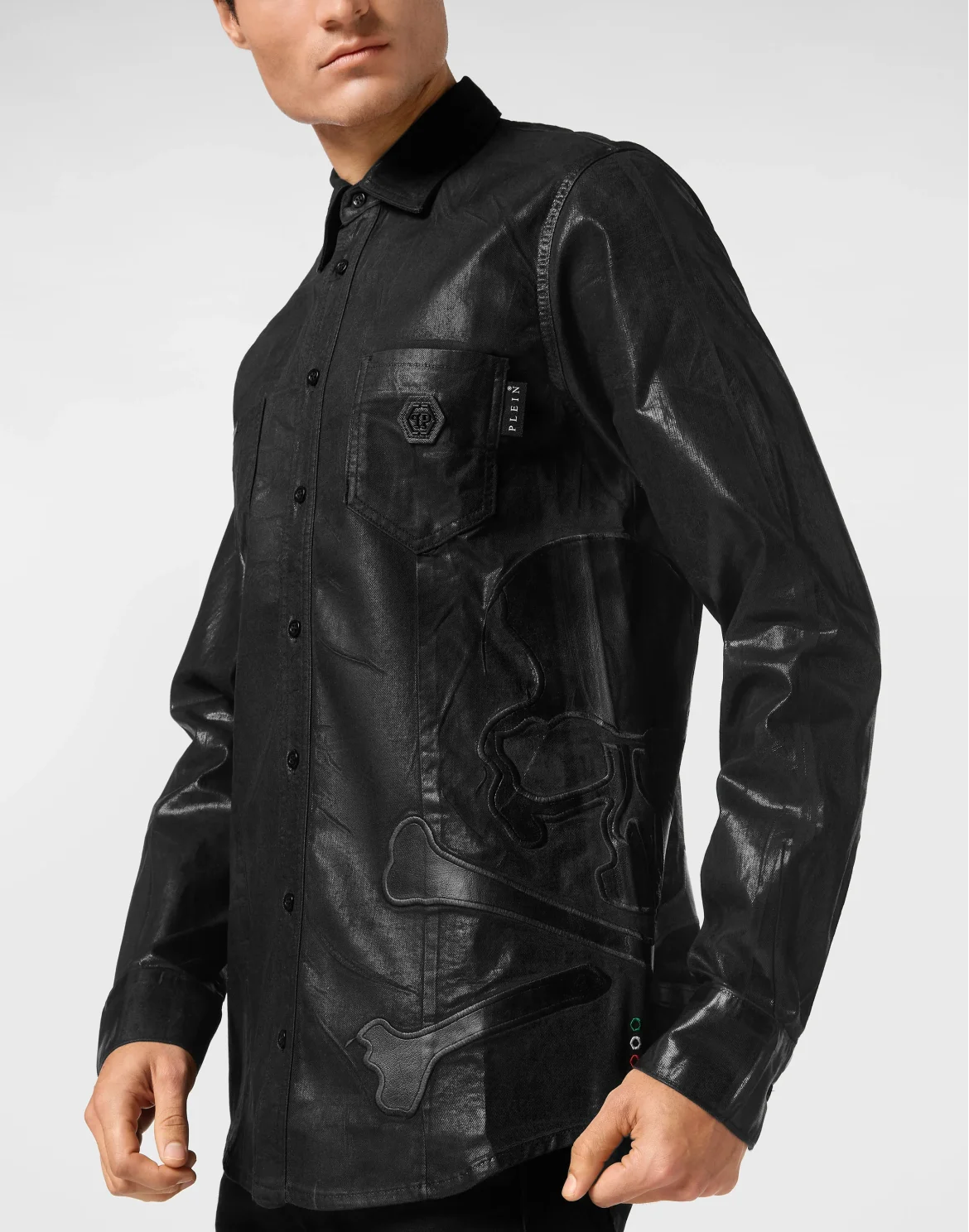Denim Shirt WIth Vintage Washed Leather Patch Skull, цвет: Черный