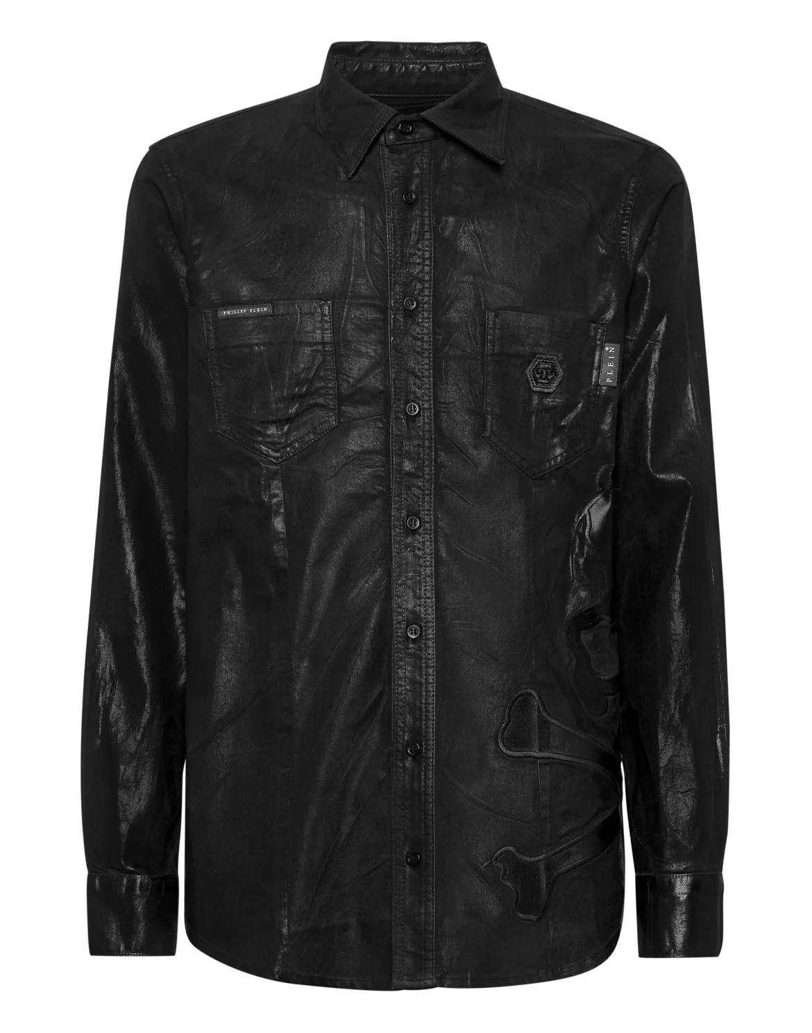 Denim Shirt WIth Vintage Washed Leather Patch Skull, цвет: Черный