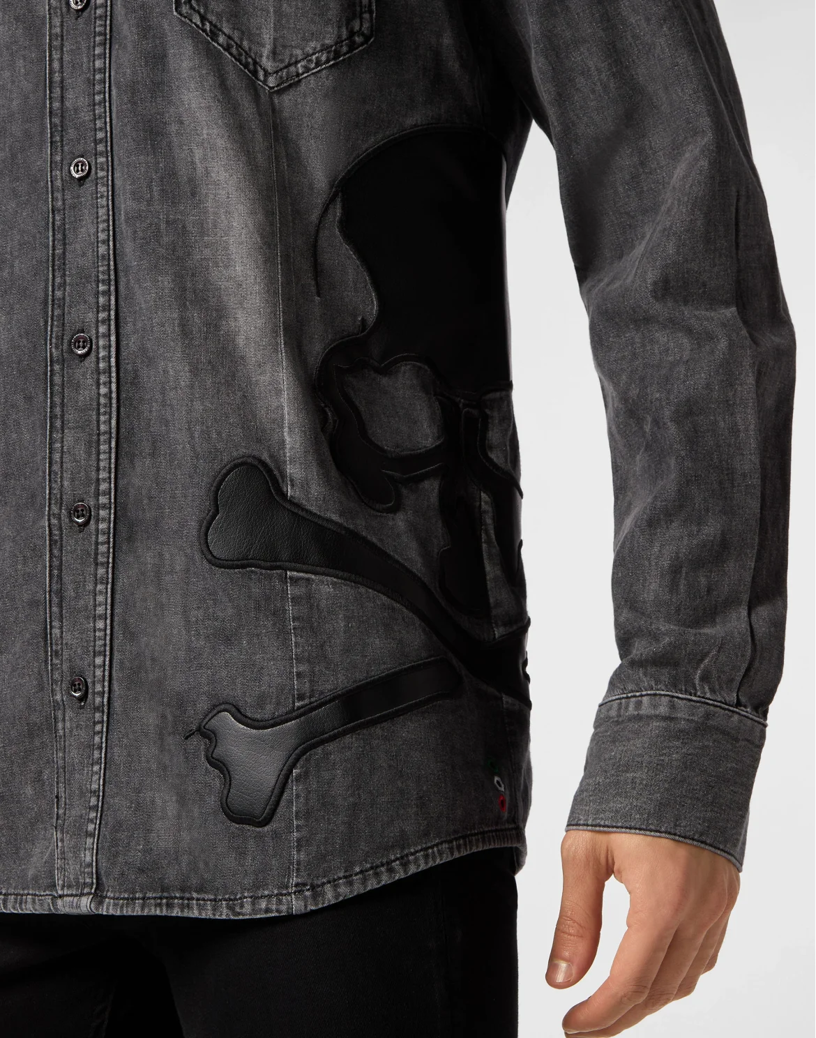 Denim Shirt WIth Vintage Washed Leather Patch Skull, цвет: Черный