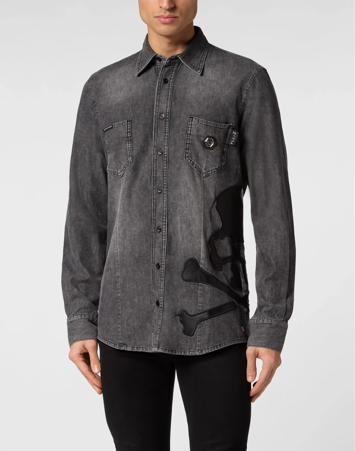 Denim Shirt WIth Vintage Washed Leather Patch Skull, цвет: Черный