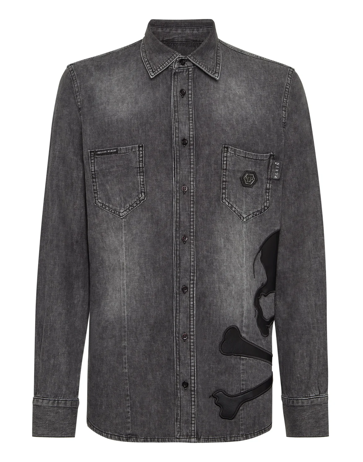 Denim Shirt WIth Vintage Washed Leather Patch Skull, цвет: Черный