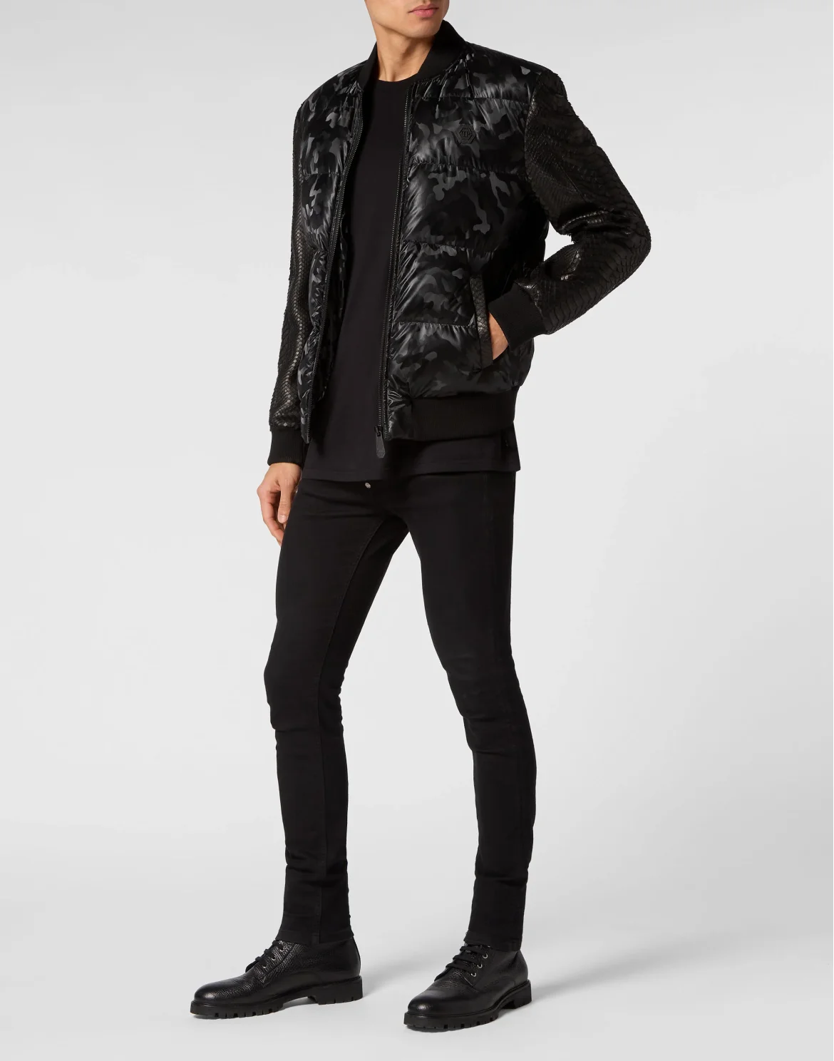 Nylon Bomber With Python Sleeves Camouflage, цвет: Черный
