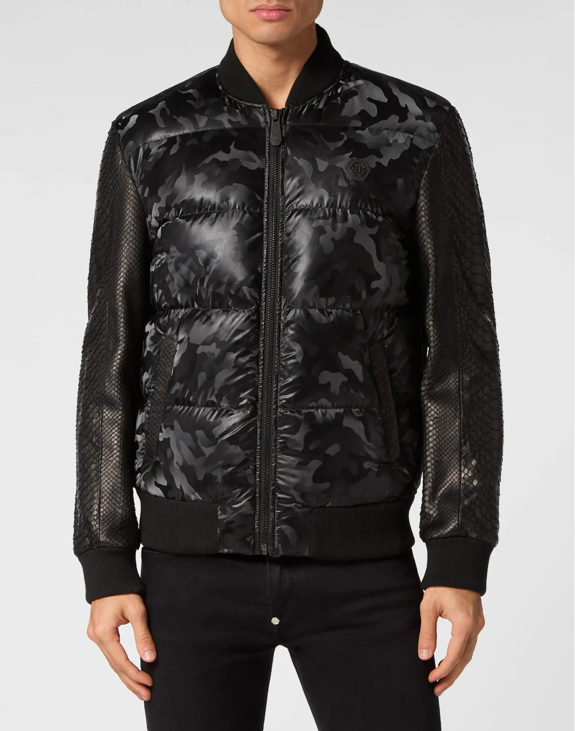Nylon Bomber With Python Sleeves Camouflage, цвет: Черный