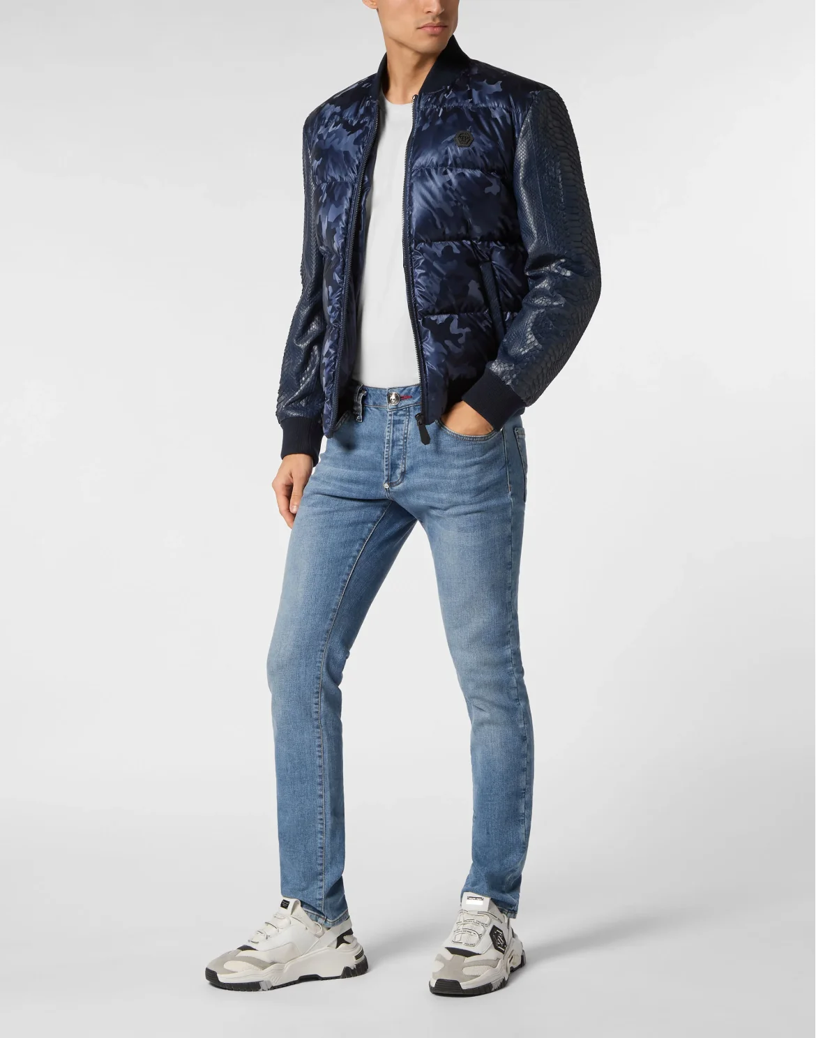 Nylon Bomber With Python Sleeves Camouflage, цвет: Синий