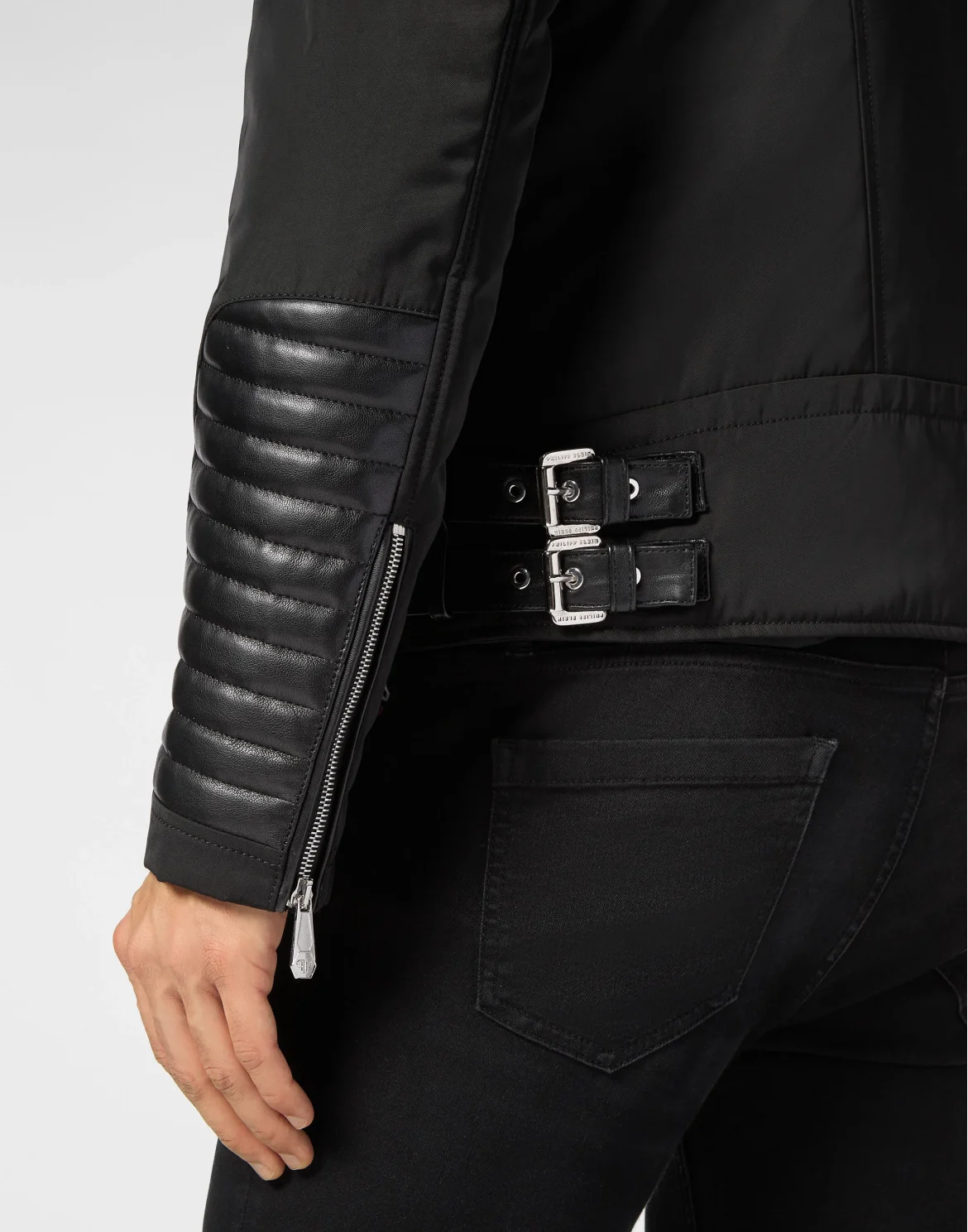 Nylon Biker Jacket With Leather Padding, цвет: Черный