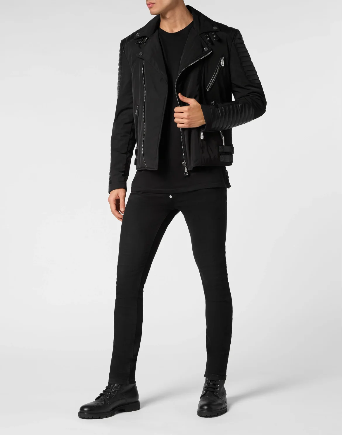 Nylon Biker Jacket With Leather Padding, цвет: Черный