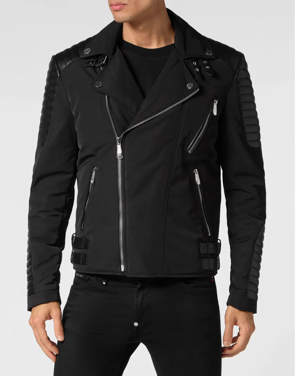 Nylon Biker Jacket With Leather Padding, цвет: Черный