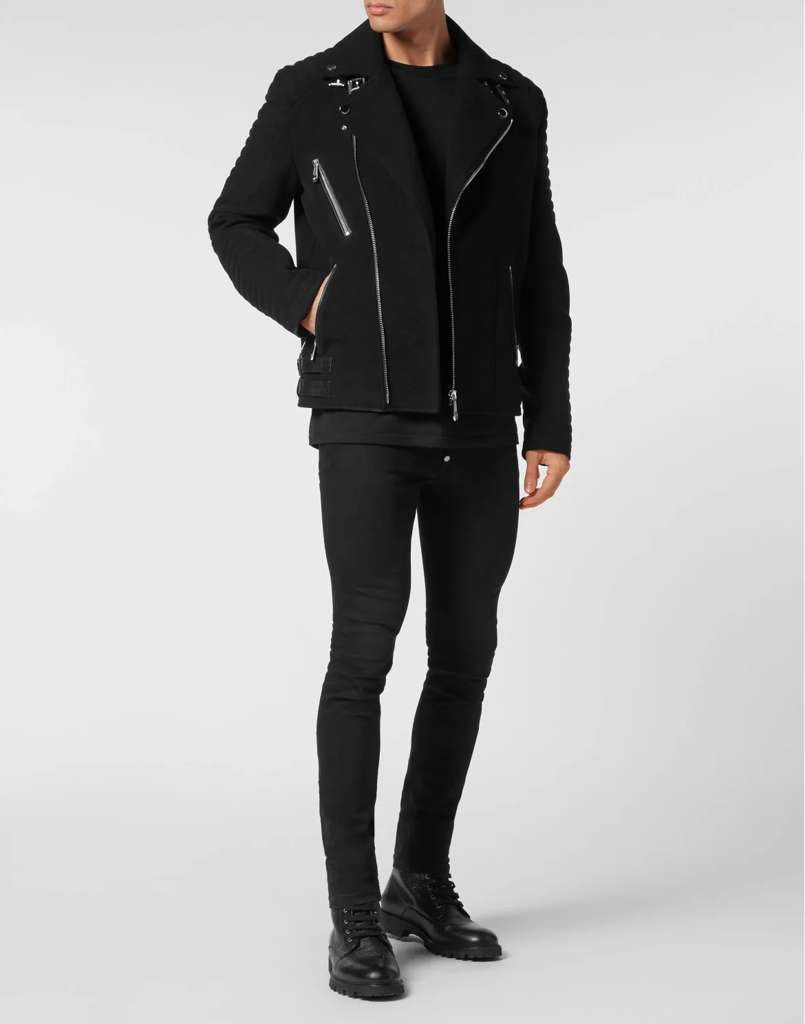 Wool Biker Jacket With Leather Padding, цвет: Черный
