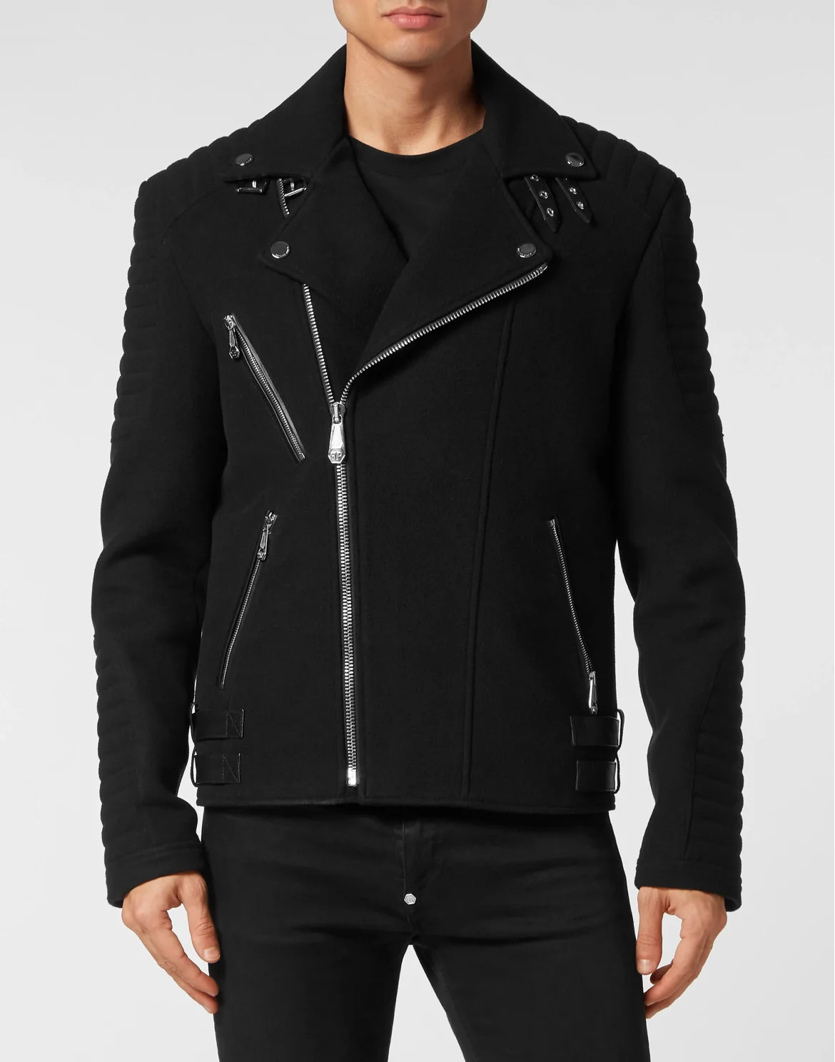 Wool Biker Jacket With Leather Padding, цвет: Черный