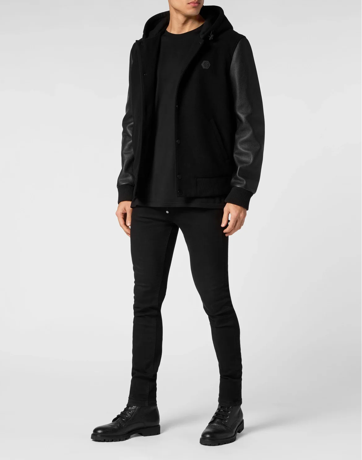 Hoodie Sweatjacket with Leather Sleeves, цвет: Черный
