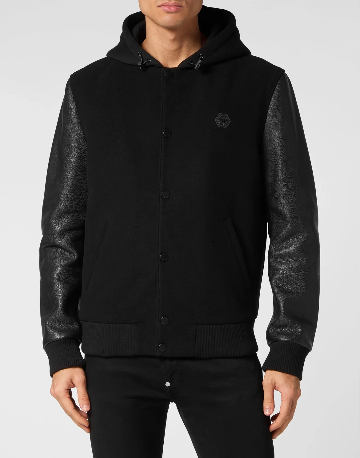 Hoodie Sweatjacket with Leather Sleeves, цвет: Черный