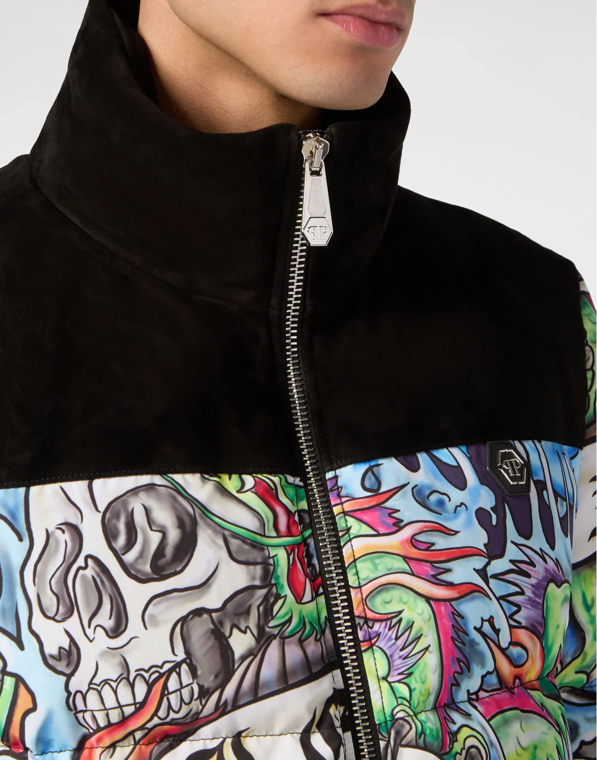 Nylon Puffer Jacket With Leather Inserts Tattoo, цвет: Мультиколор