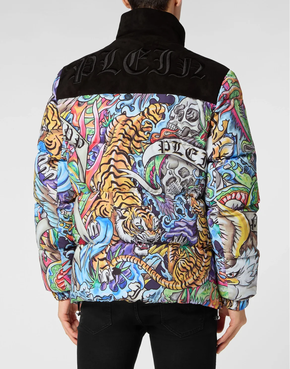 Nylon Puffer Jacket With Leather Inserts Tattoo, цвет: Мультиколор