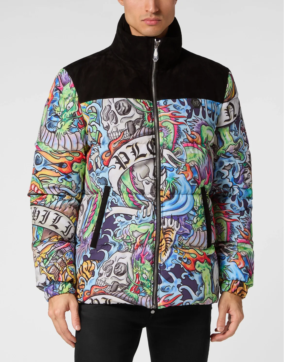 Nylon Puffer Jacket With Leather Inserts Tattoo, цвет: Мультиколор