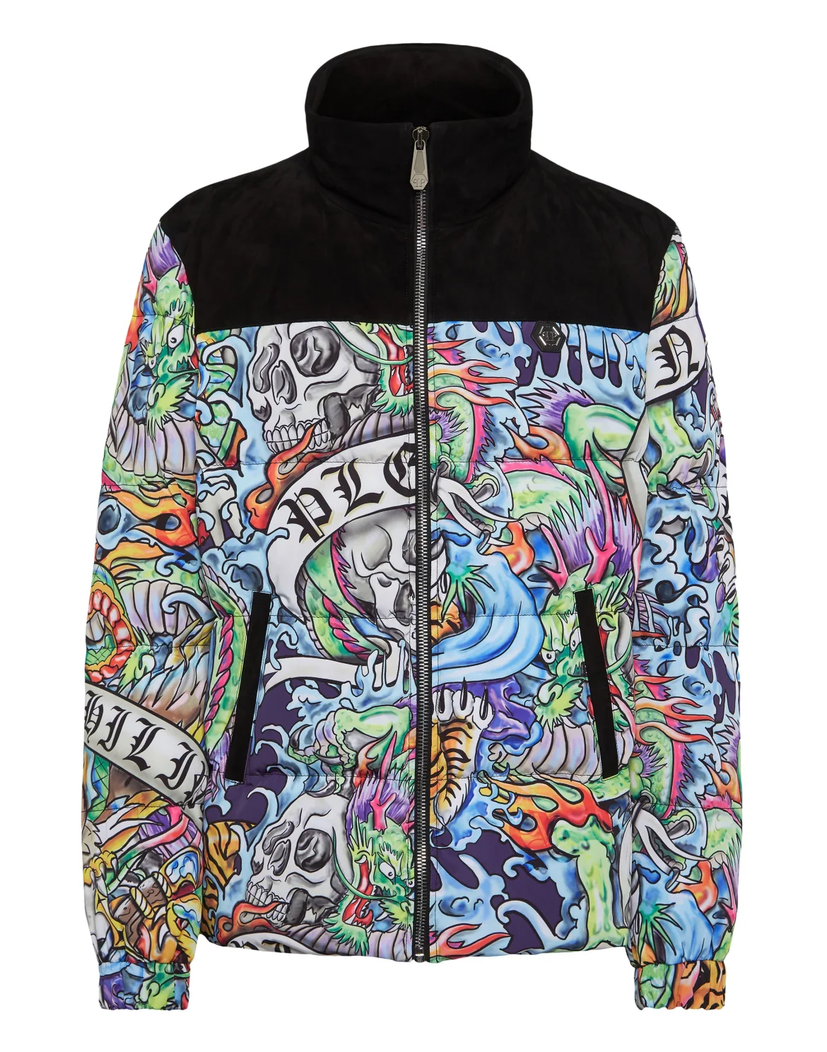 Nylon Puffer Jacket With Leather Inserts Tattoo, цвет: Мультиколор