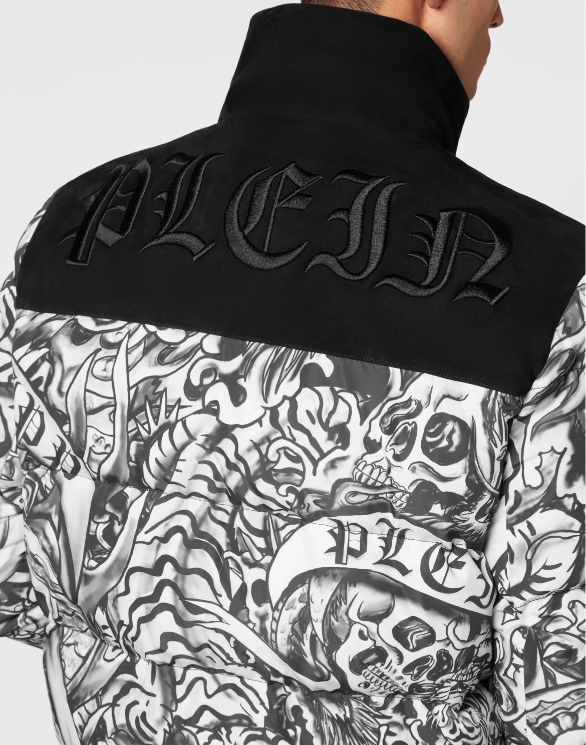 Nylon Puffer Jacket With Leather Inserts Tattoo, цвет: Мультиколор