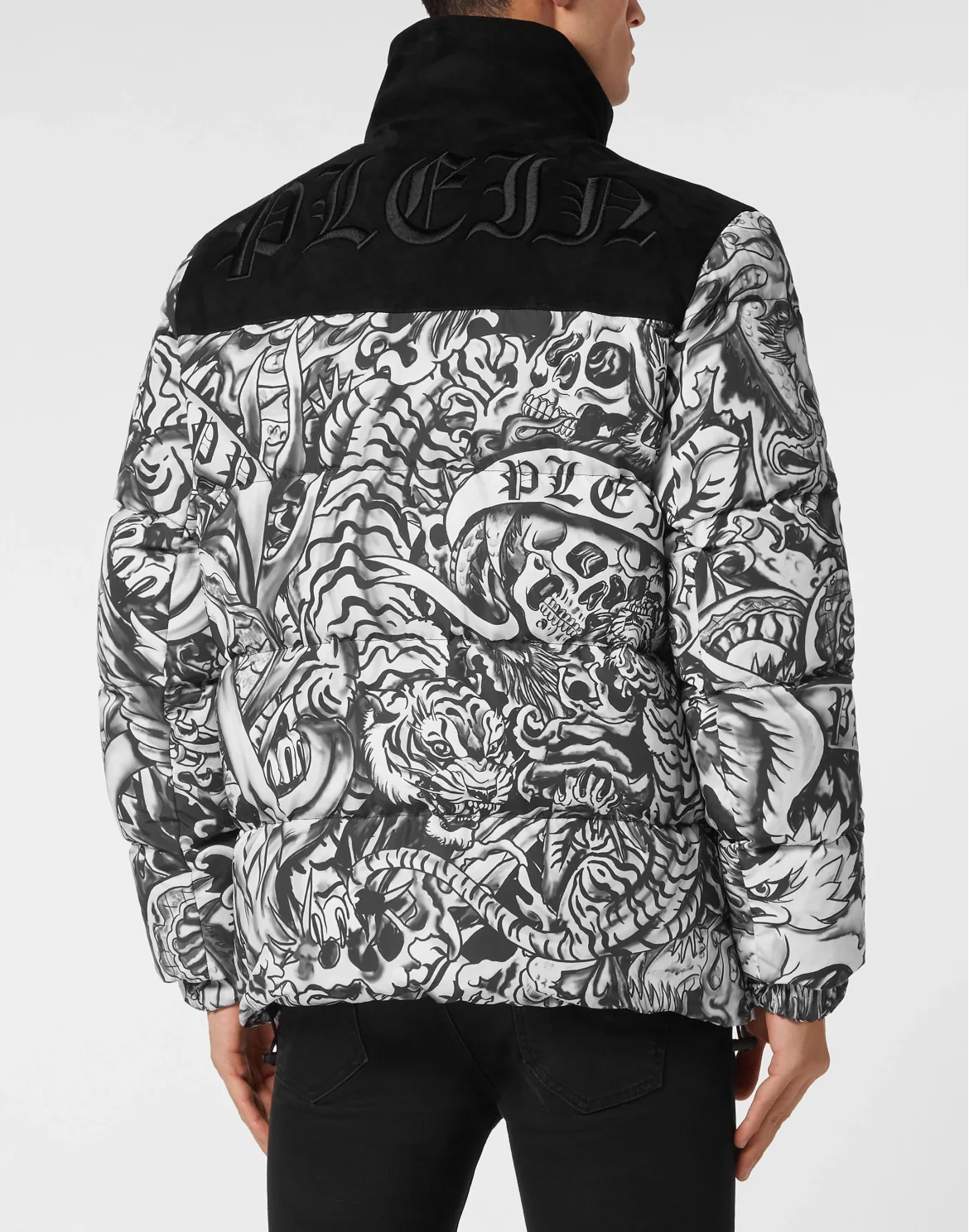 Nylon Puffer Jacket With Leather Inserts Tattoo, цвет: Мультиколор