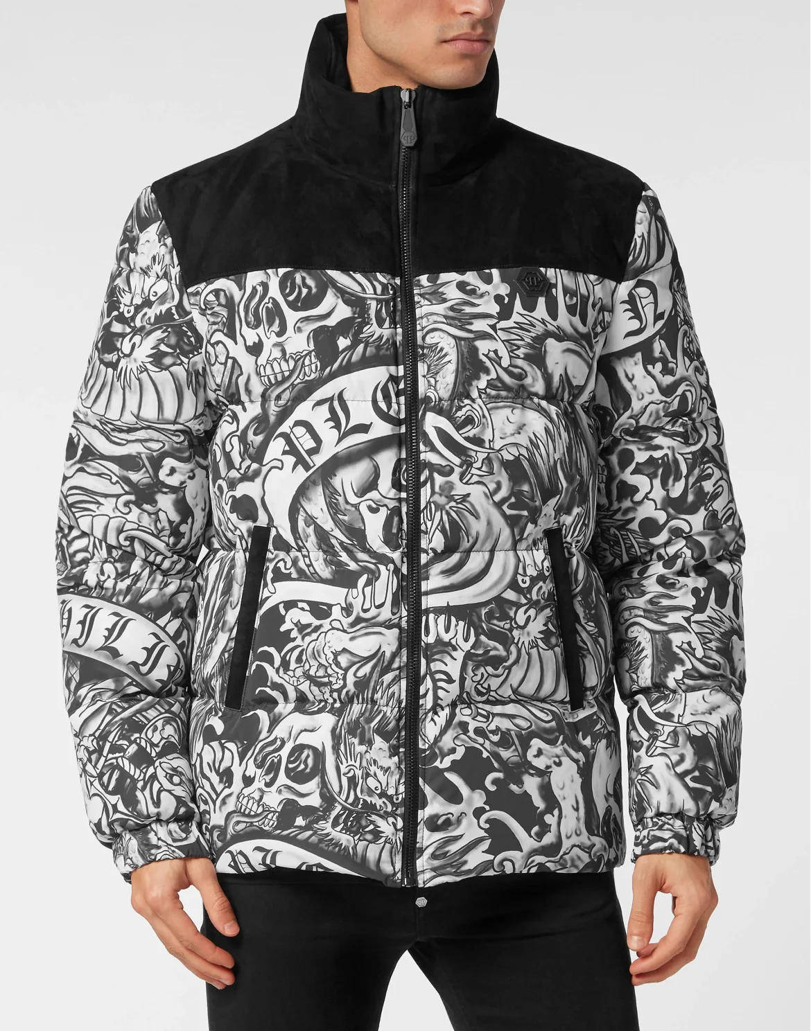 Nylon Puffer Jacket With Leather Inserts Tattoo, цвет: Мультиколор