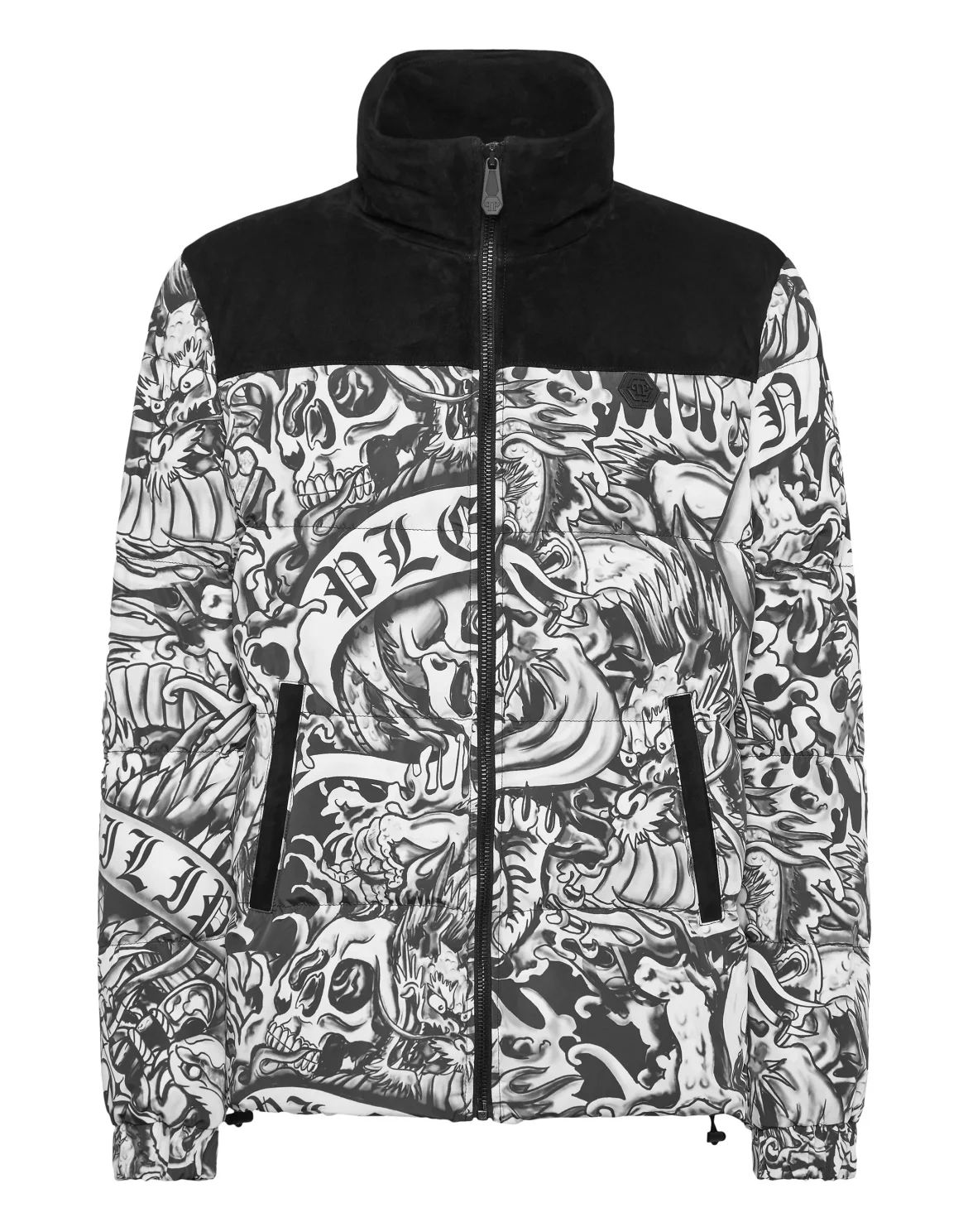 Nylon Puffer Jacket With Leather Inserts Tattoo, цвет: Мультиколор