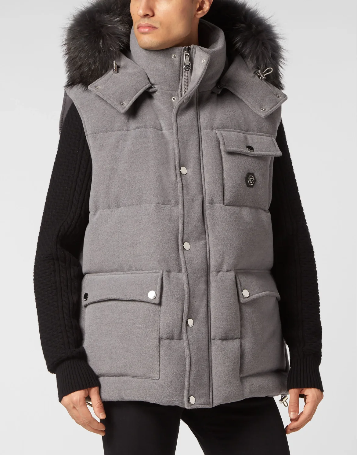 Down Jacket Vest With Fur Hood, цвет: Серый