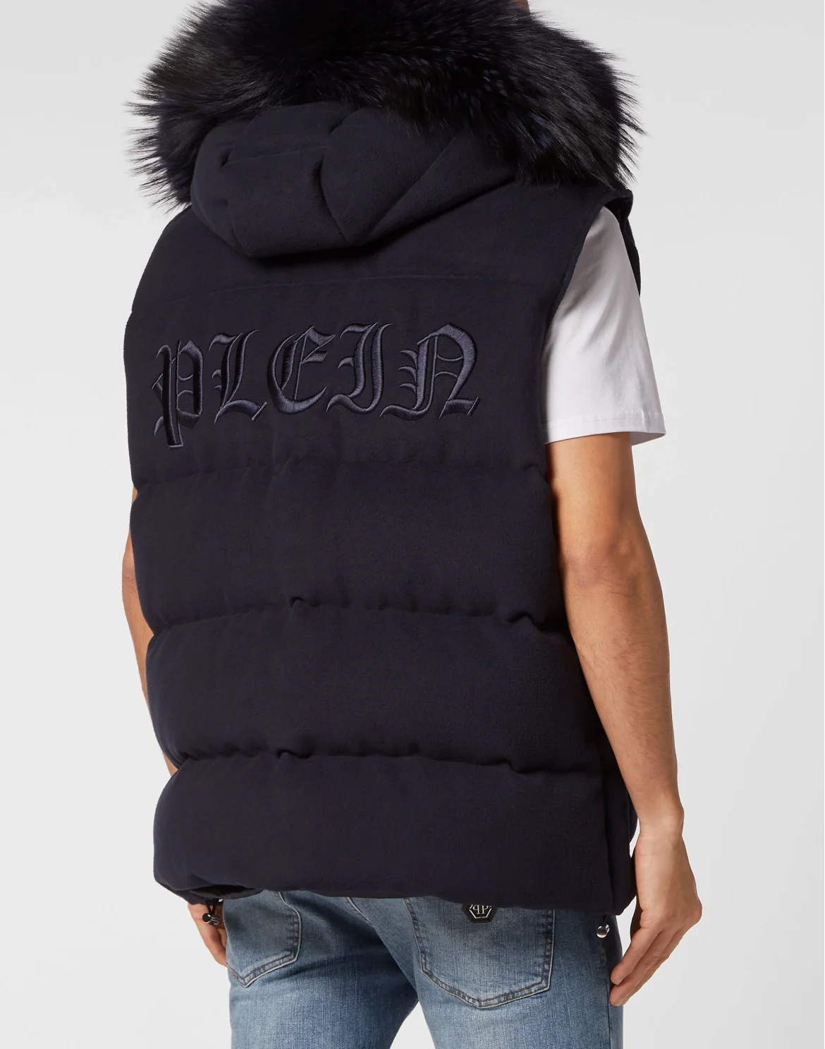 Down Jacket Vest With Fur Hood, цвет: Синий