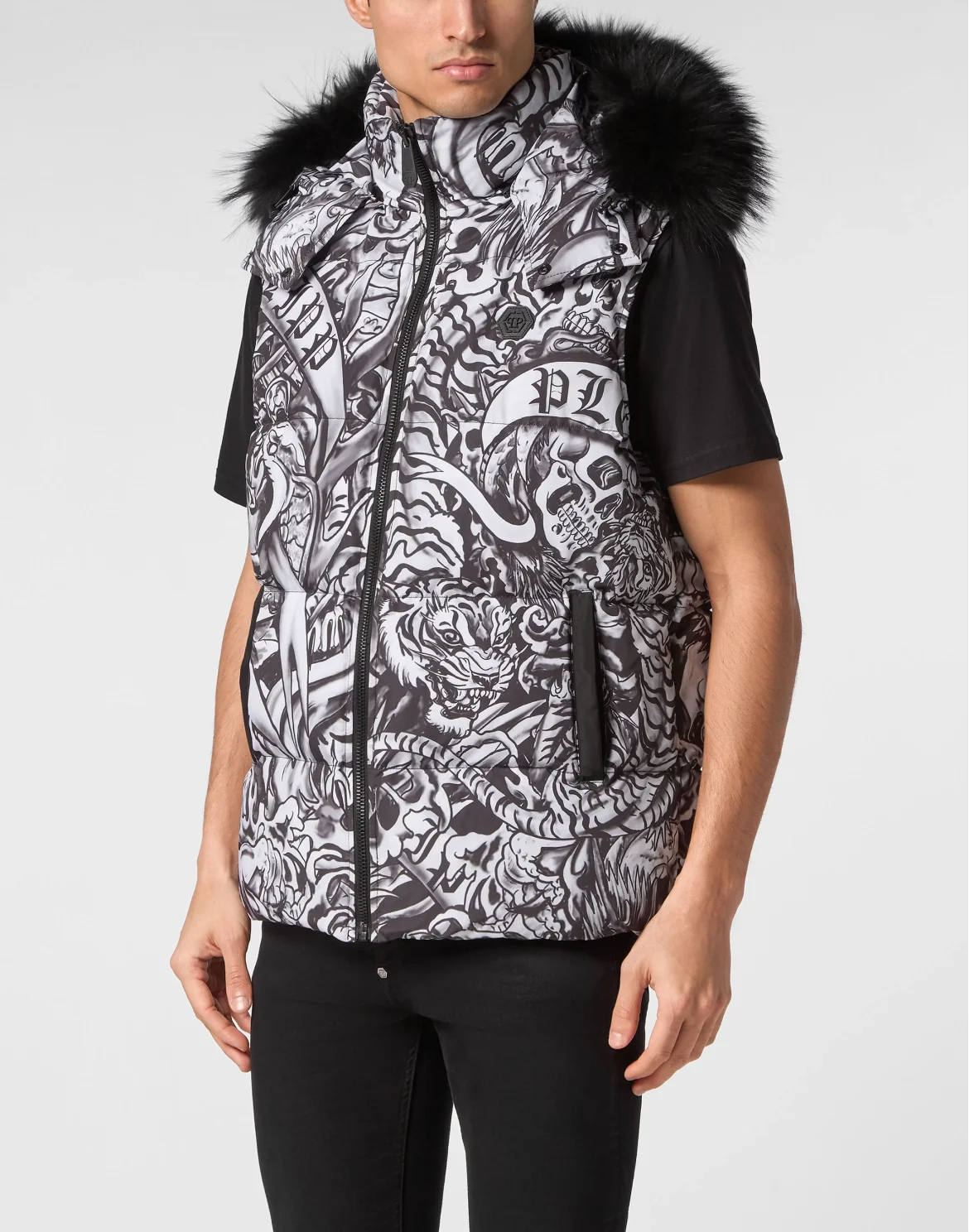 Nylon Down Jacket Vest Tattoo, цвет: Черный