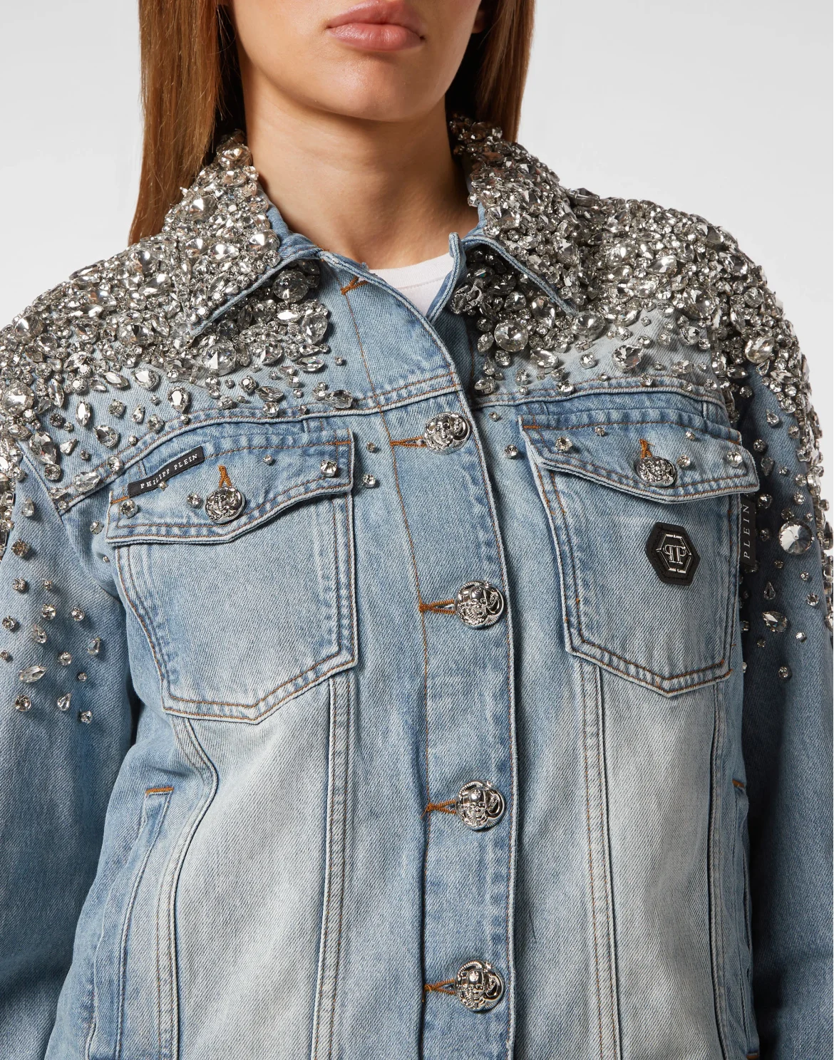 Crystal Stones  Denim Oversize Jacket with Stones, цвет: Серый