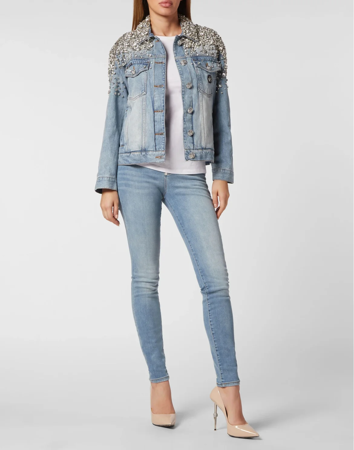 Crystal Stones  Denim Oversize Jacket with Stones, цвет: Серый