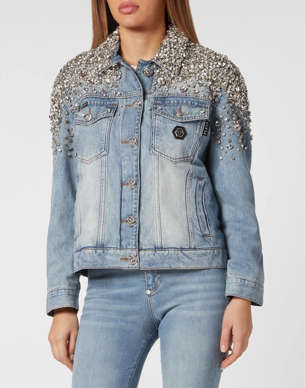 Crystal Stones  Denim Oversize Jacket with Stones, цвет: Серый