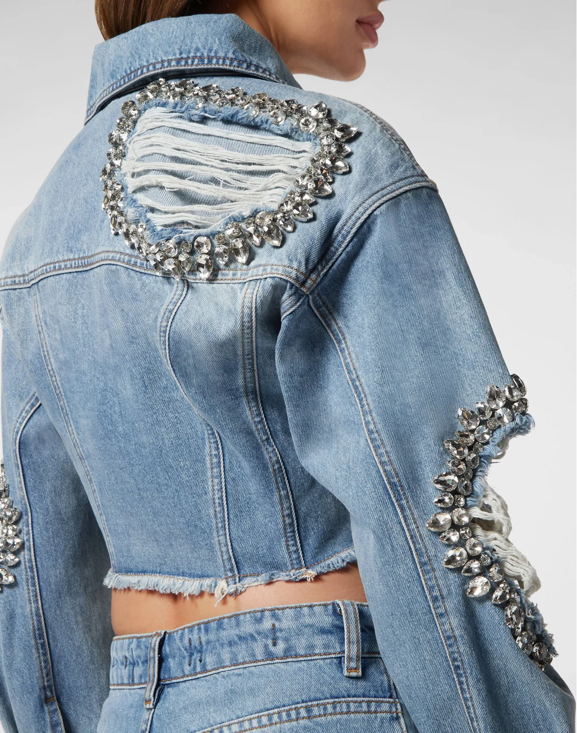 Denim Cropped Jacket with Stones, цвет: Серый