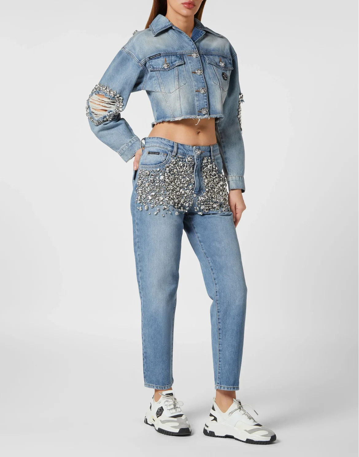 Denim Cropped Jacket with Stones, цвет: Серый