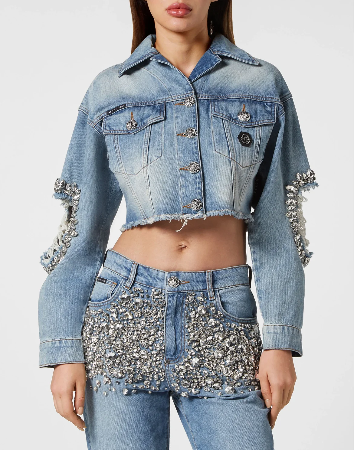 Denim Cropped Jacket with Stones, цвет: Серый