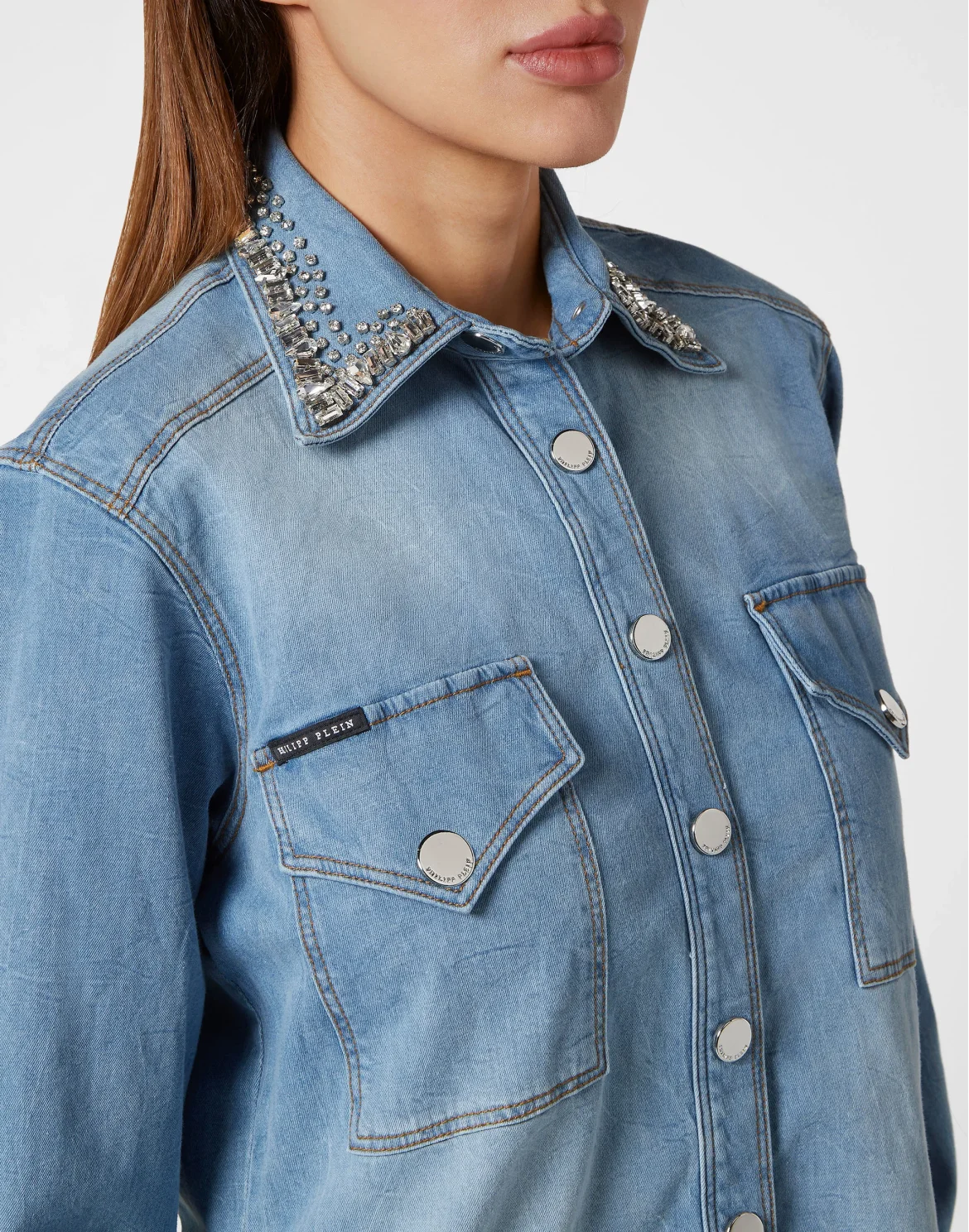 Crystal Collar Denim Shirt LS, цвет: Серый