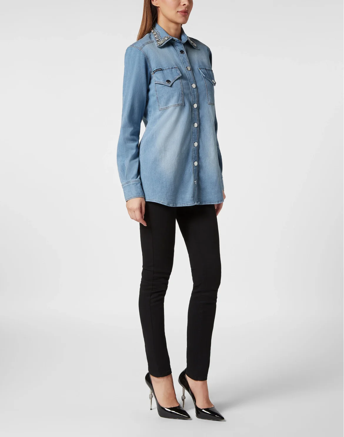 Crystal Collar Denim Shirt LS, цвет: Серый
