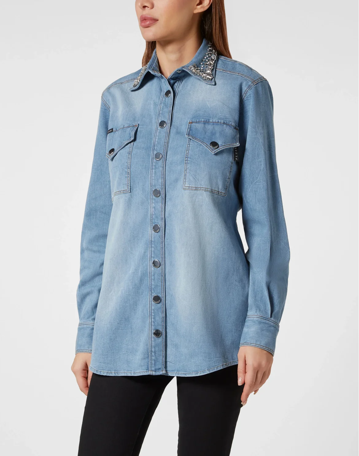 Crystal Collar Denim Shirt LS, цвет: Серый