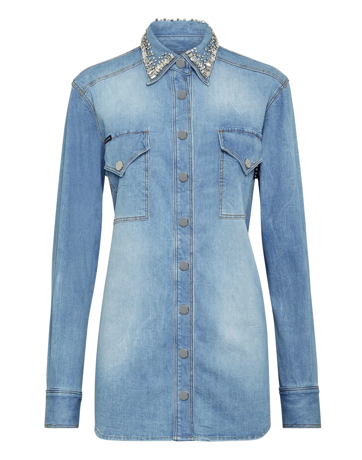 Crystal Collar Denim Shirt LS, цвет: Серый