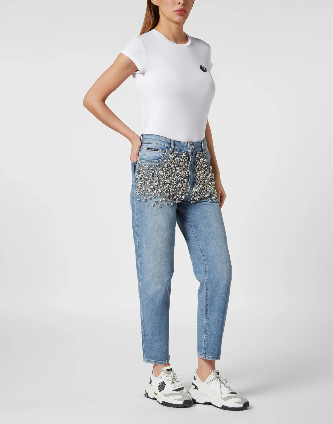 Crystal Stones Mom Fit Trousers, цвет: Серый