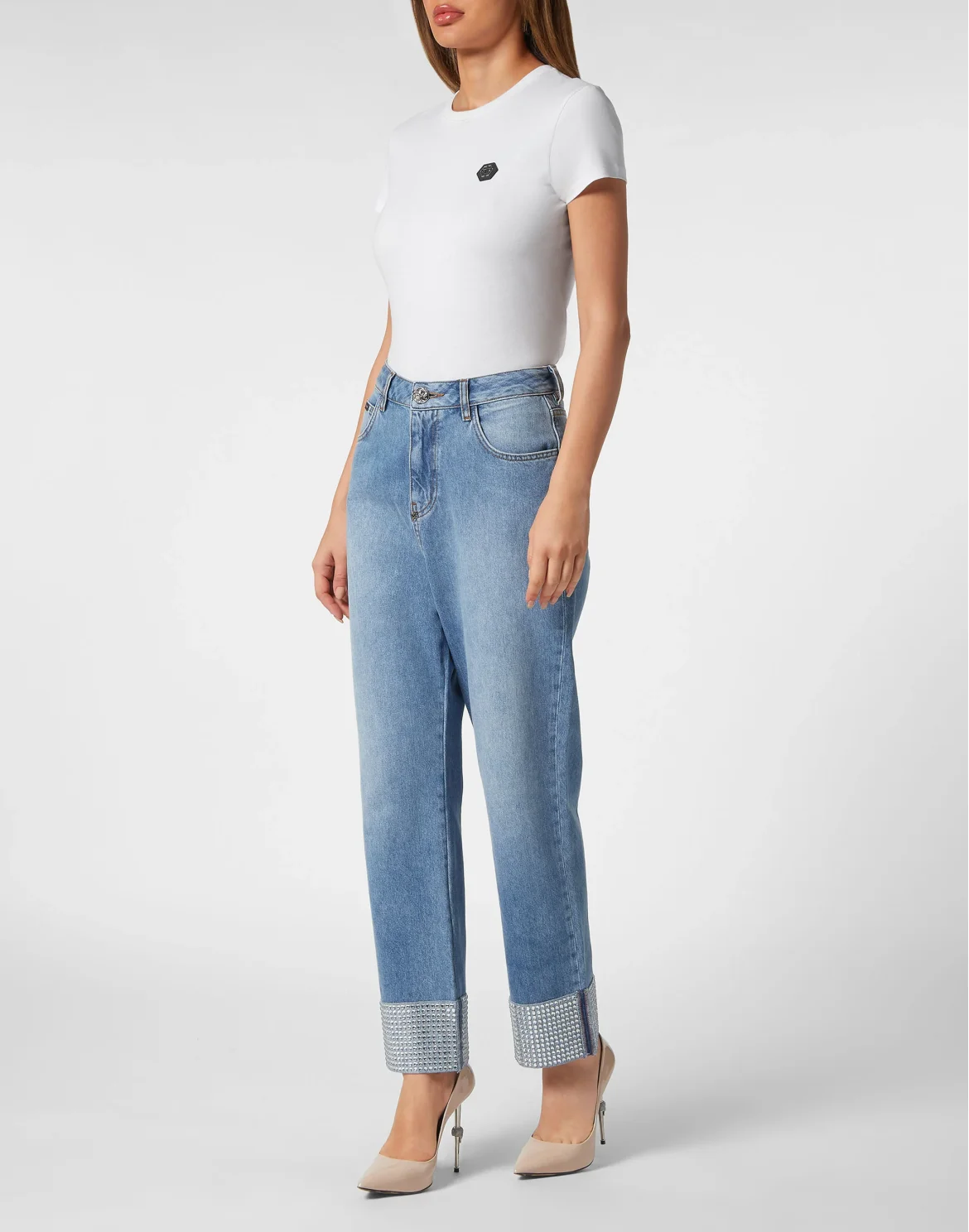 Denim Trousers Strass Loose Fit Heart, цвет: Серый