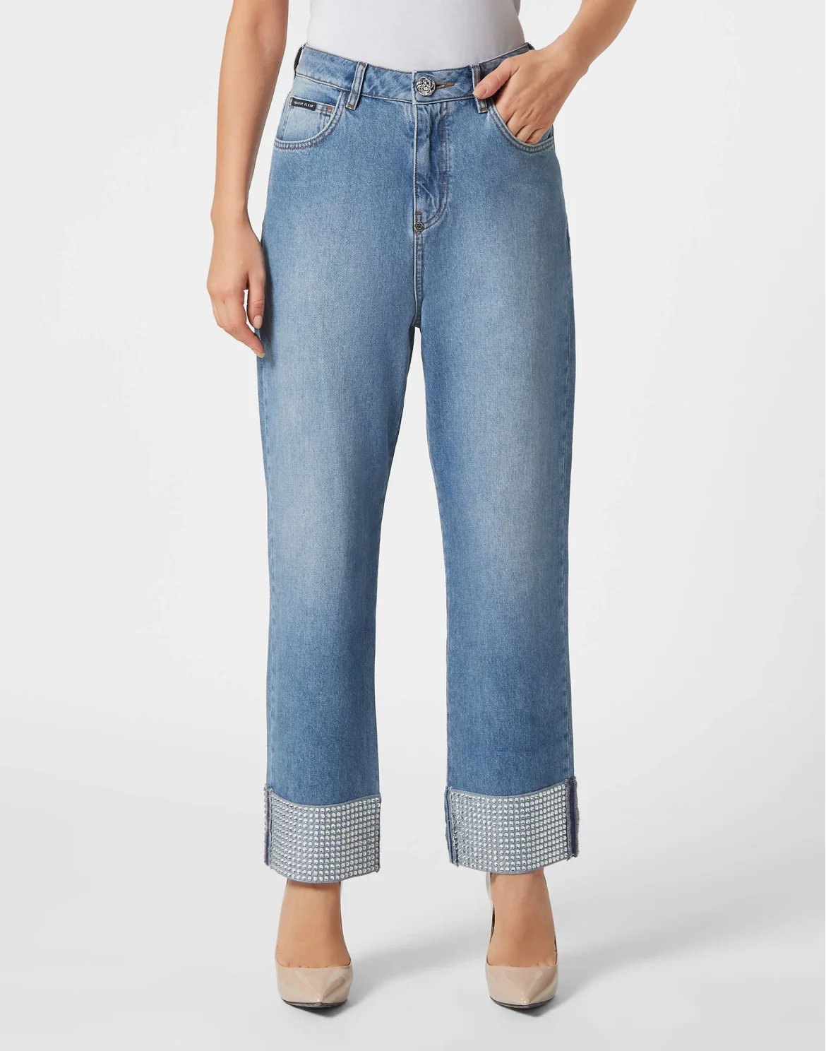 Denim Trousers Strass Loose Fit Heart, цвет: Серый