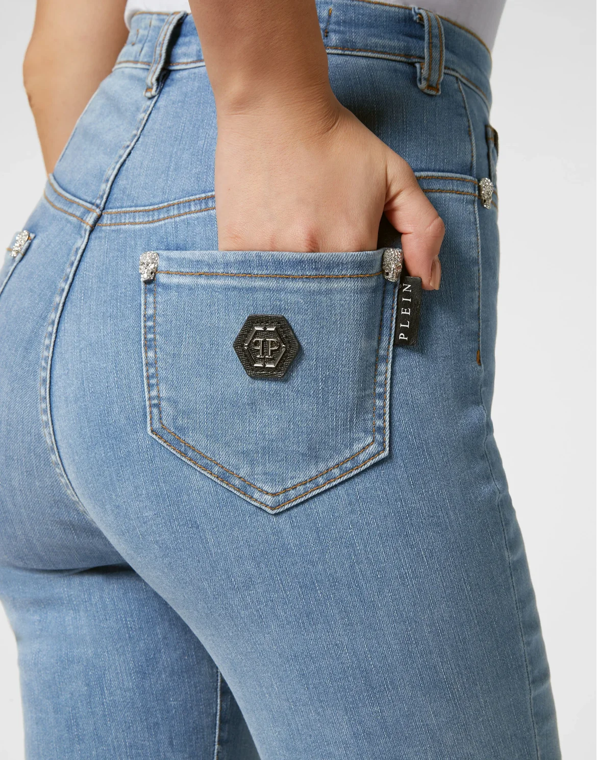 Crystal Skull Denim Super High Waist Jegging, цвет: Голубой