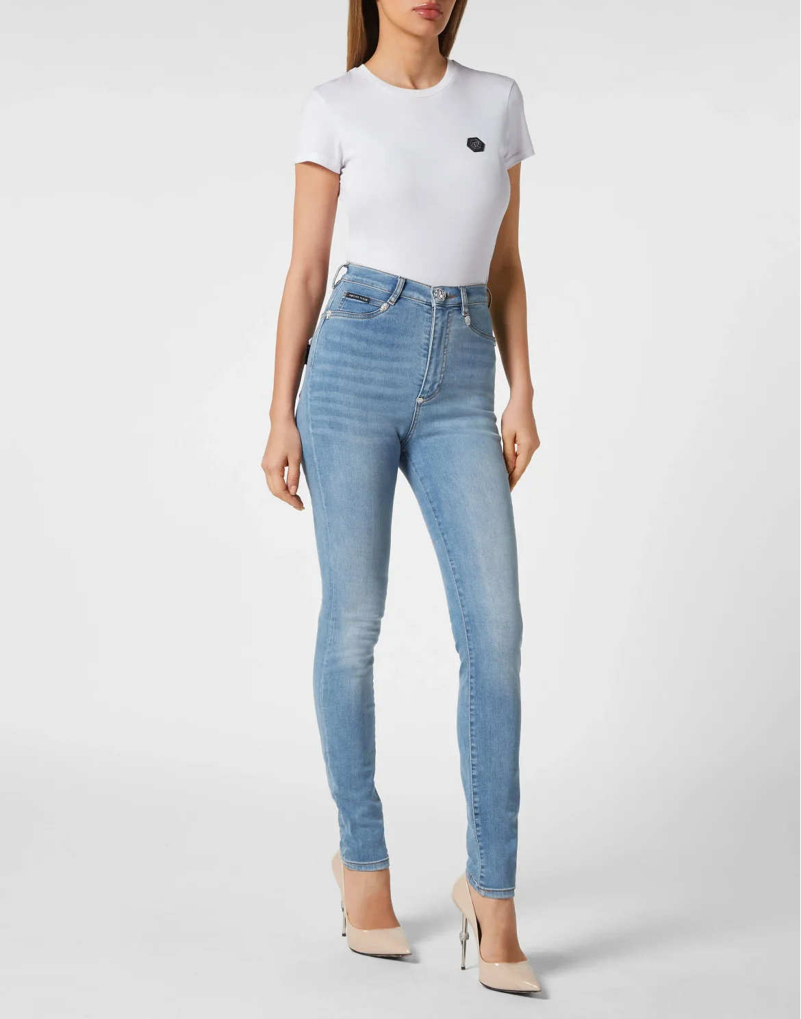 Crystal Skull Denim Super High Waist Jegging, цвет: Голубой
