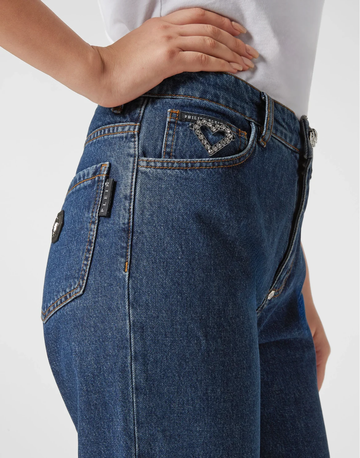 Crystal Denim Mom Fit Trousers Heart, цвет: Синий