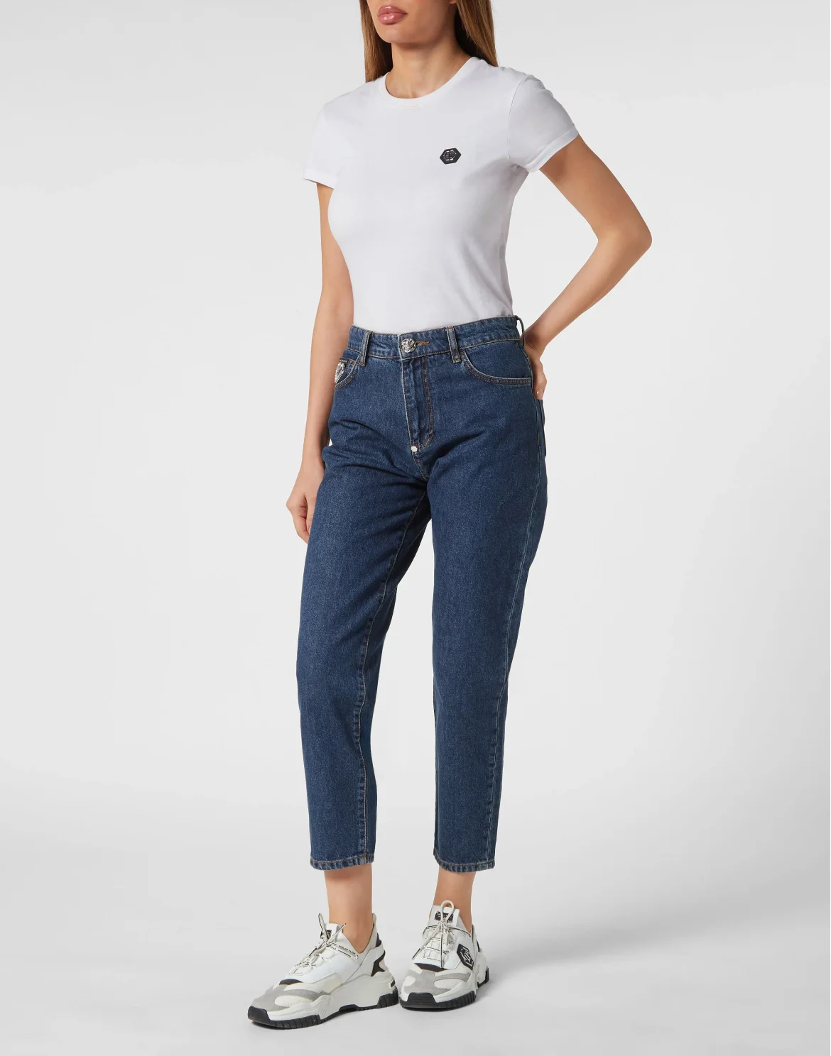 Crystal Denim Mom Fit Trousers Heart, цвет: Синий