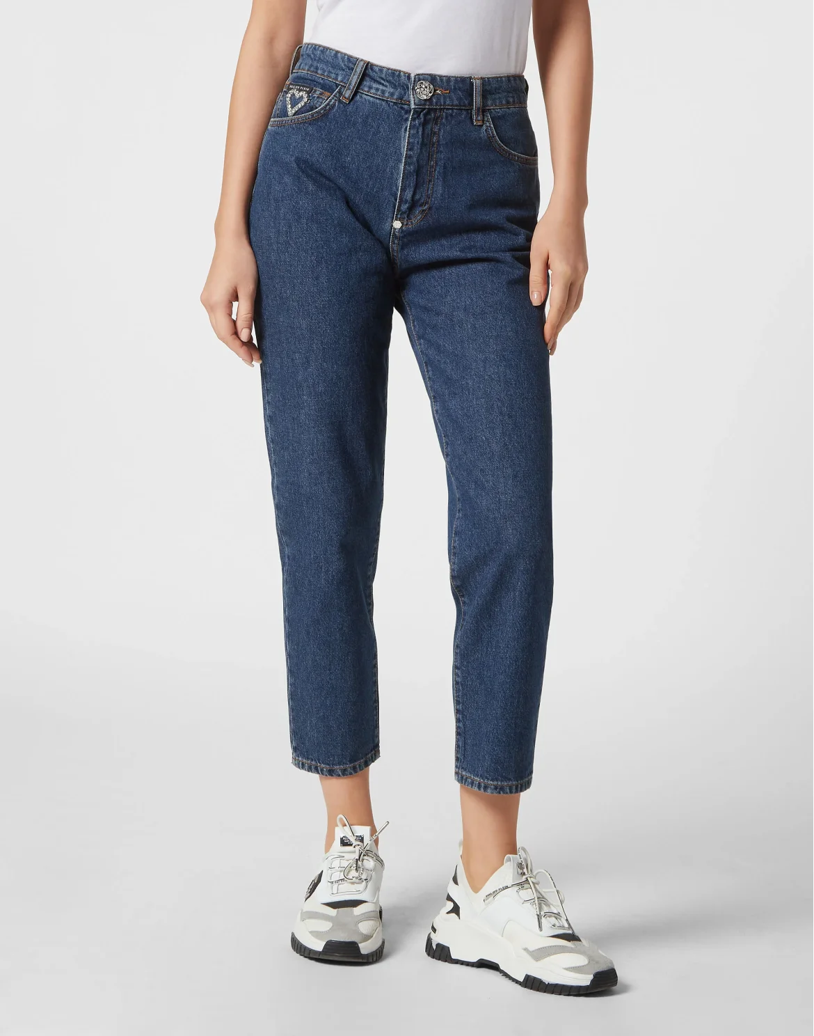 Crystal Denim Mom Fit Trousers Heart, цвет: Синий