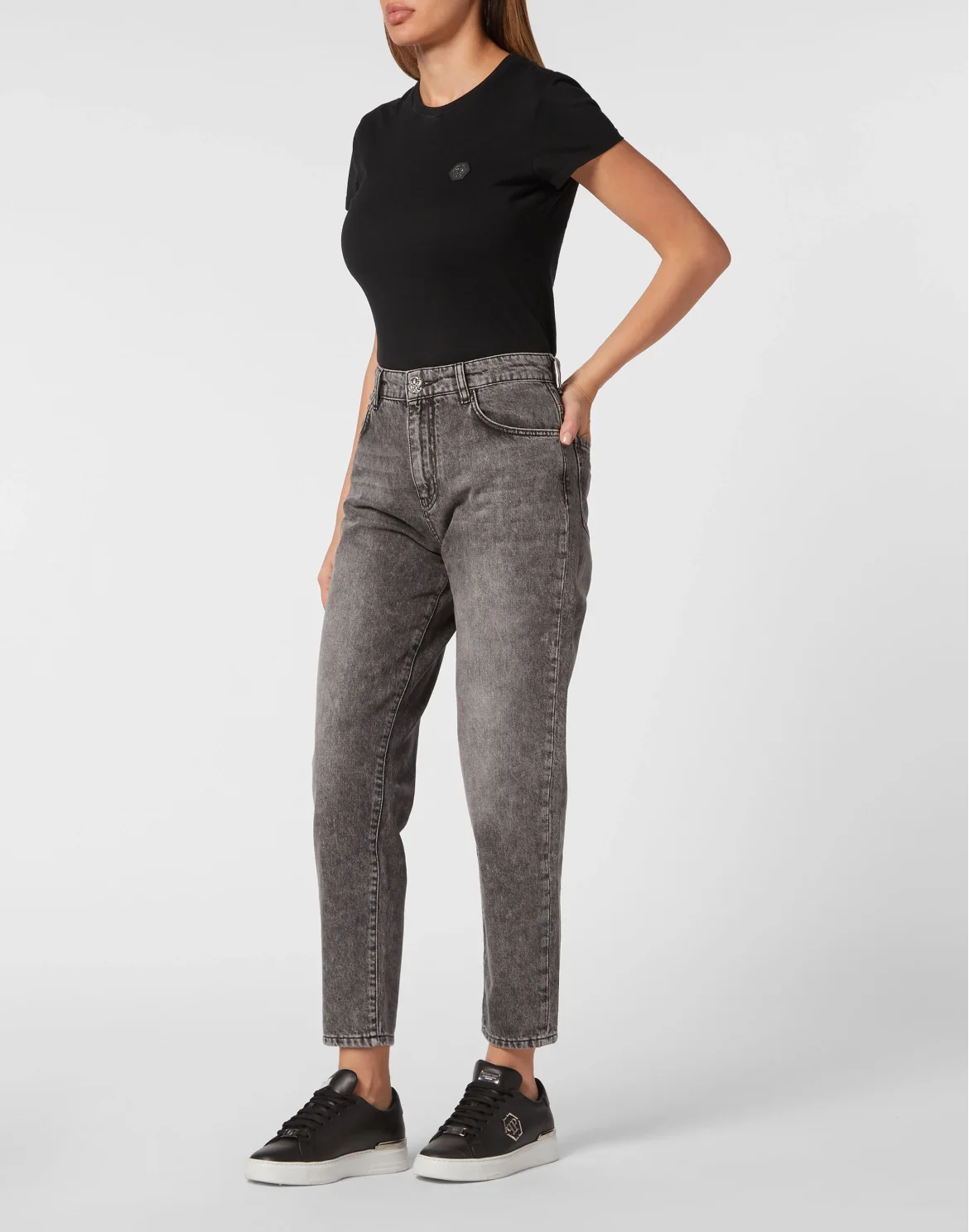 Denim Mom Fit Trousers, цвет: Черный